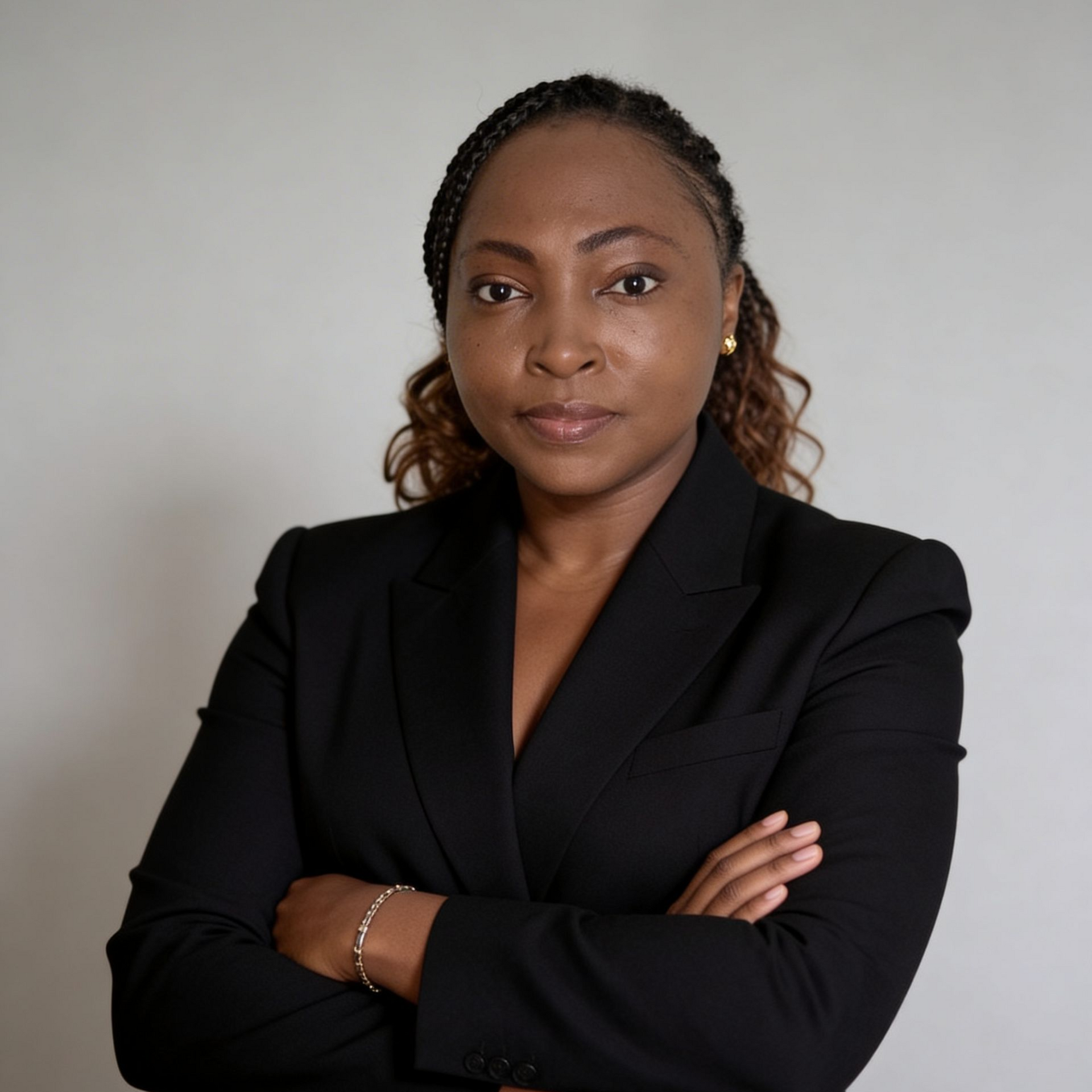 A person wearing a black blazer with crossed arms looking directly at the camera against a plain gray background.