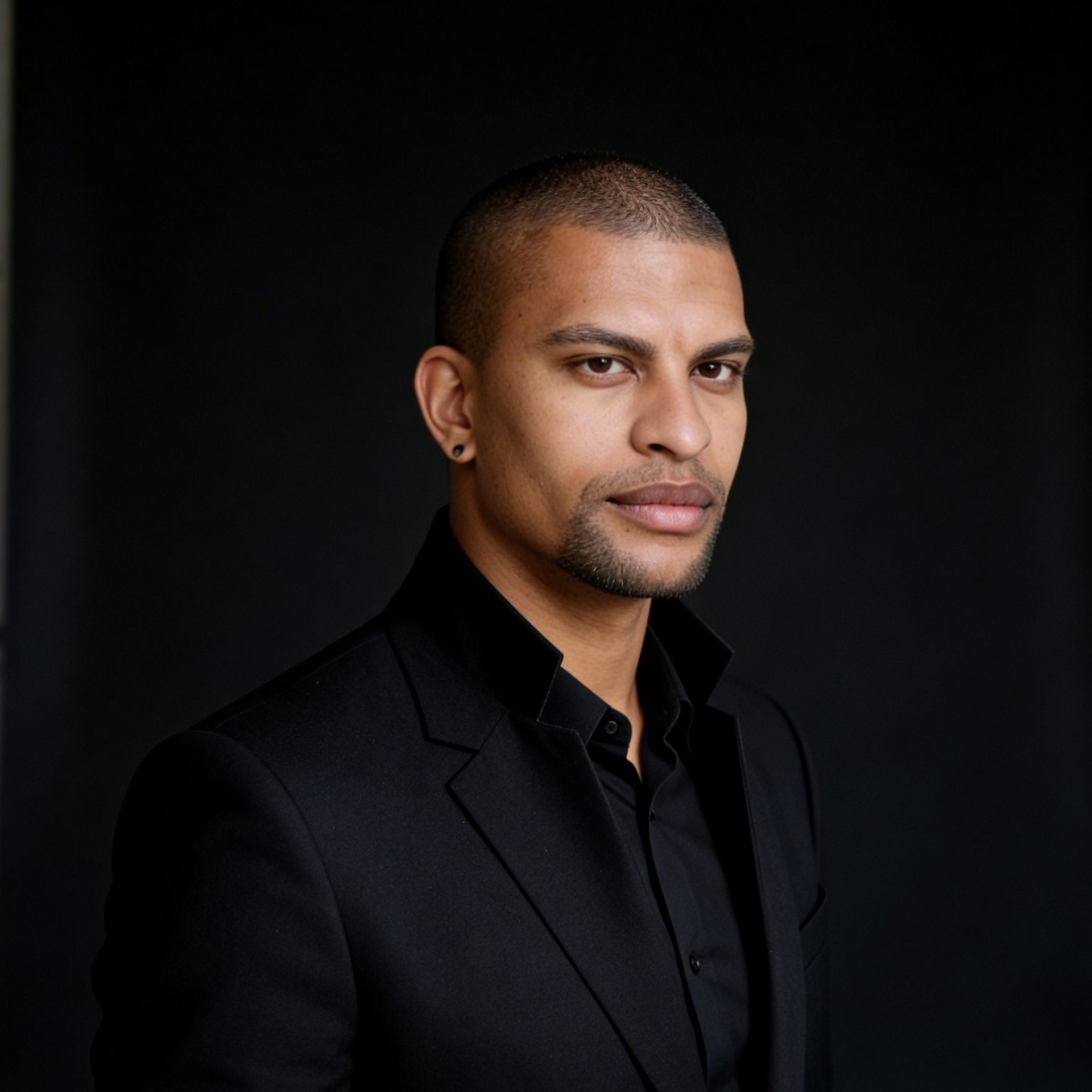 A person with short hair and a goatee, wearing a black suit and shirt against a dark background, looking forward.