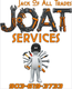 Logo for "JOAT Services" featuring a stick figure holding tools, with tools forming the letters and phone number.