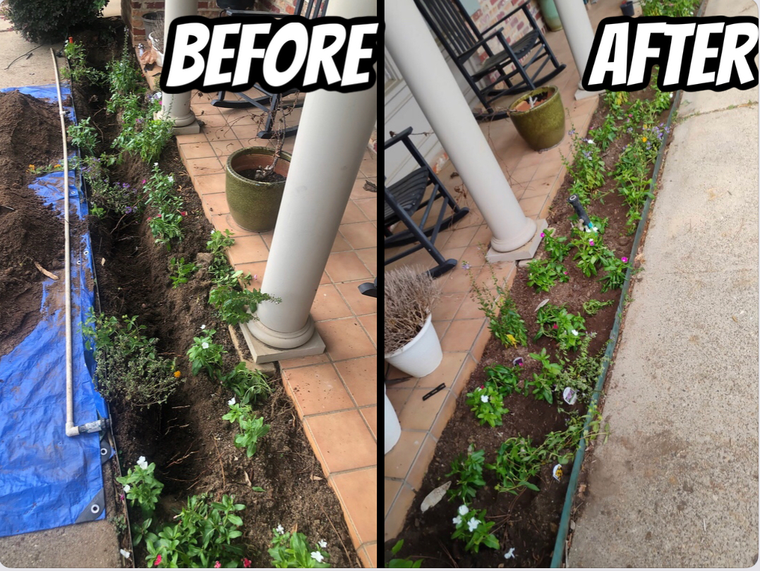Before and after view of a garden bed with plants, mulch, and brick and concrete surroundings.