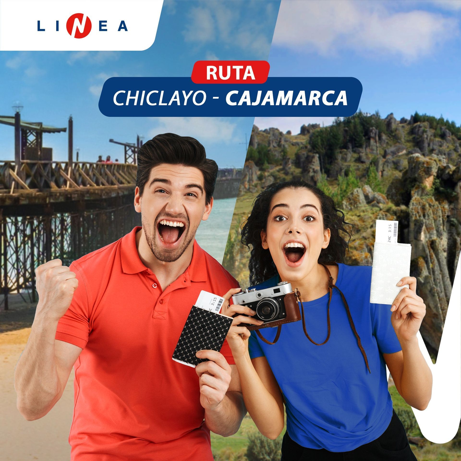 Un hombre y una mujer de viaje sostienen una cámara y un pasaporte