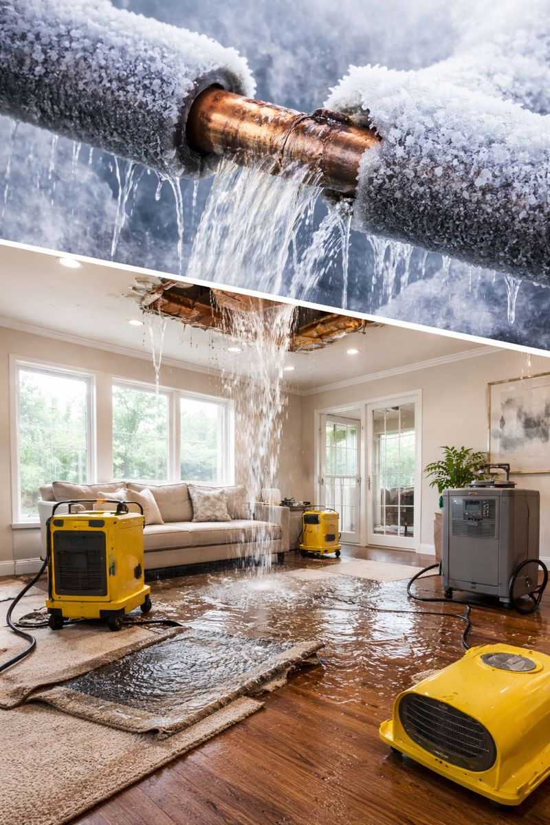 Frozen pipe water damage and flood restoration services in Austin home