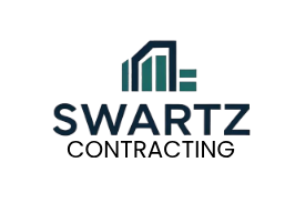 Logo of Swartz Contracting, with a building icon in teal and the name in dark blue.