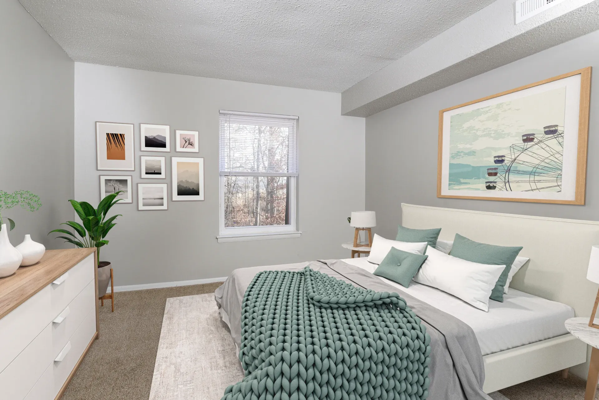 Bedroom in a modern apartment with a queen bed, dresser, greenery, and wall art.