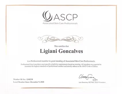 A certificate for a professional member in good standing of associated skin care professionals.