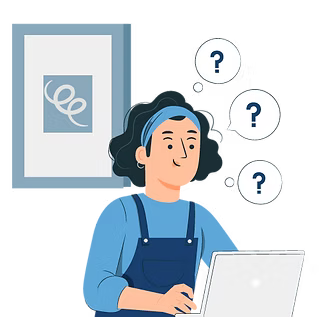 A woman is using a laptop computer with question marks coming out of her head.