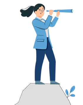 A woman is standing on top of a rock looking through a telescope.