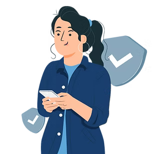 A woman in a blue jacket is holding a cell phone.