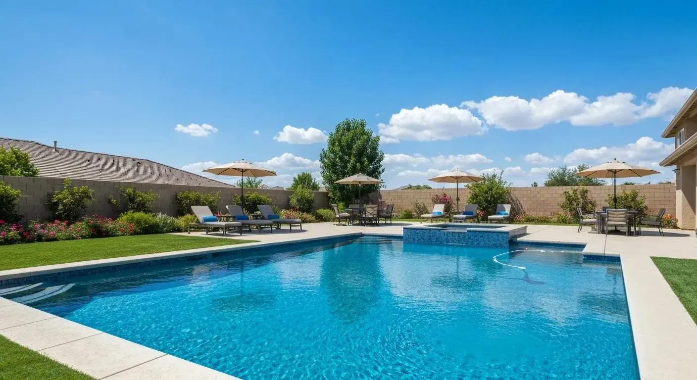 Swimming pool with lounge chairs, umbrellas, and landscaping under a blue sky.
