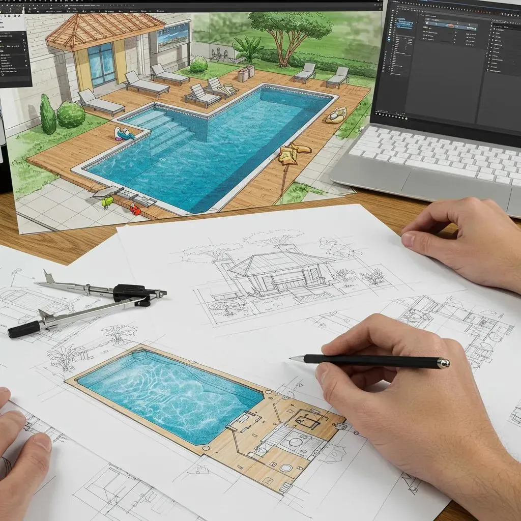 Designer creating a custom pool layout with 3D rendering tools