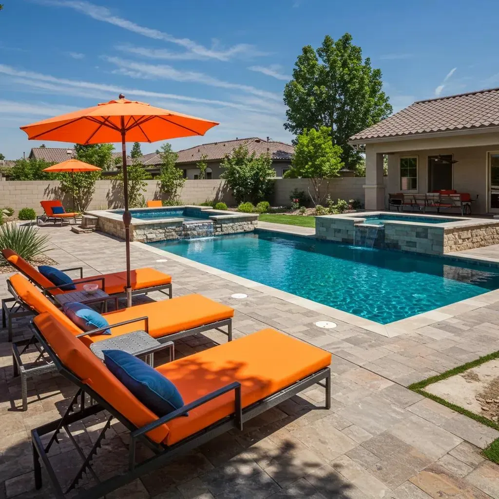 Inviting backyard swimming pool in Bakersfield CA with lush landscaping and sun loungers