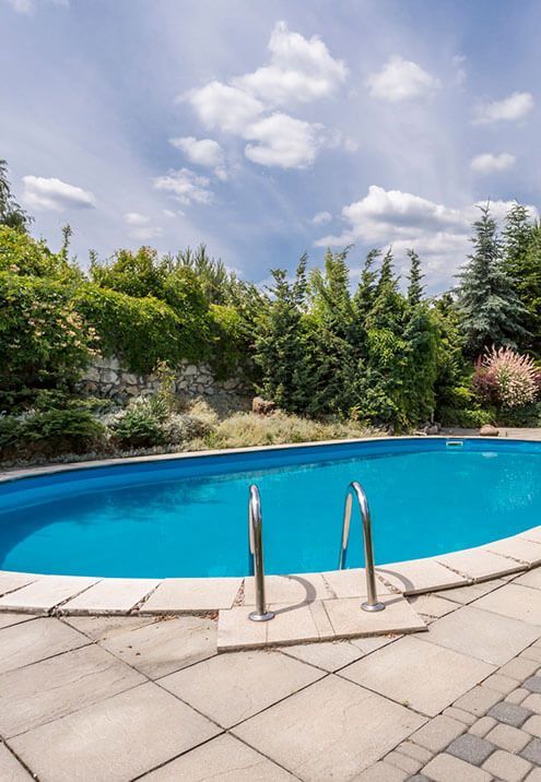 A large swimming pool surrounded by trees and bushes on a sunny day.