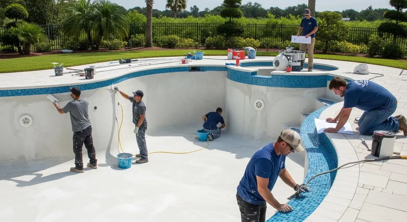 Professional team remodeling a swimming pool with replastering and upgrades