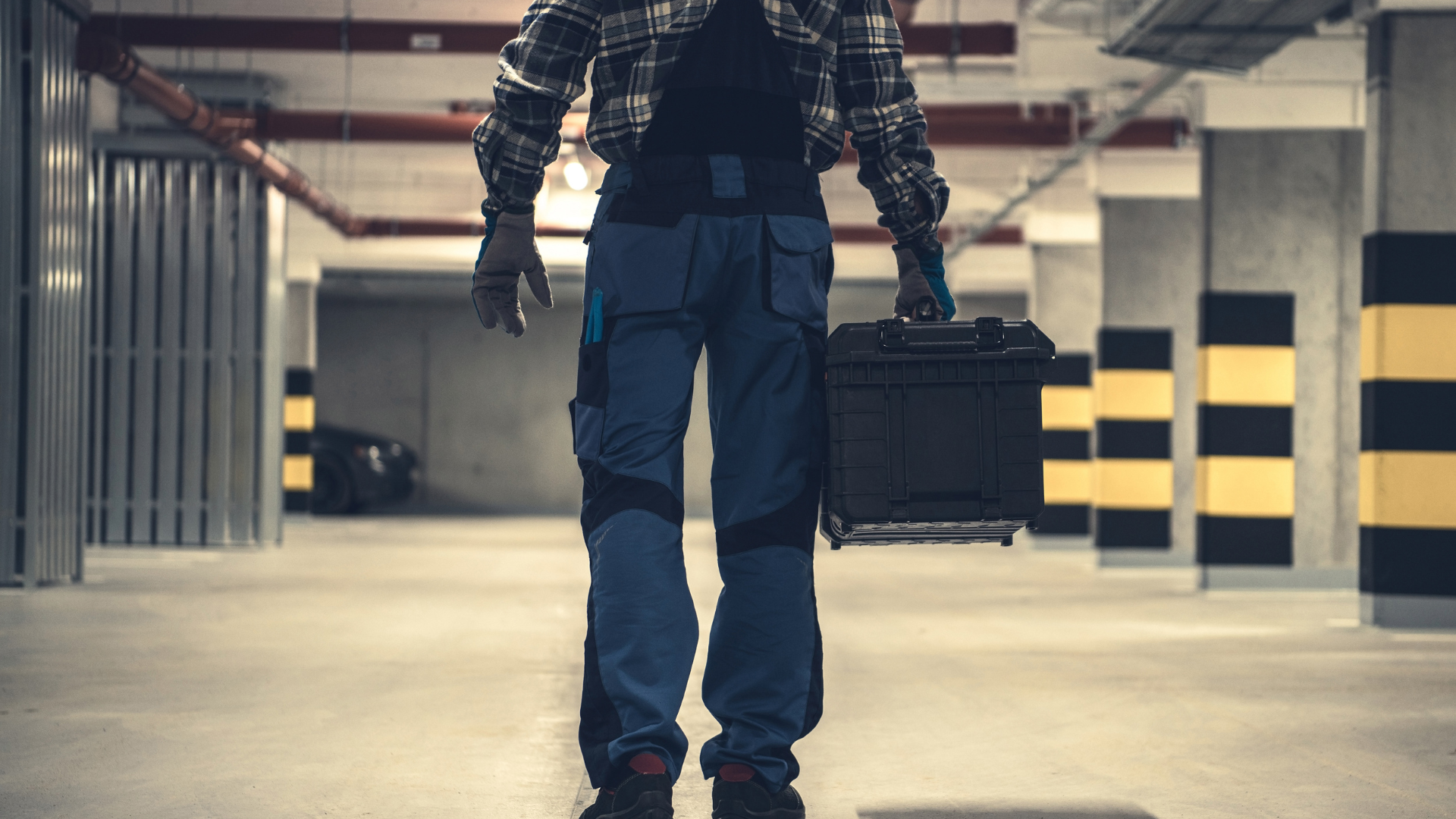 A man is carrying a toolbox in a garage.