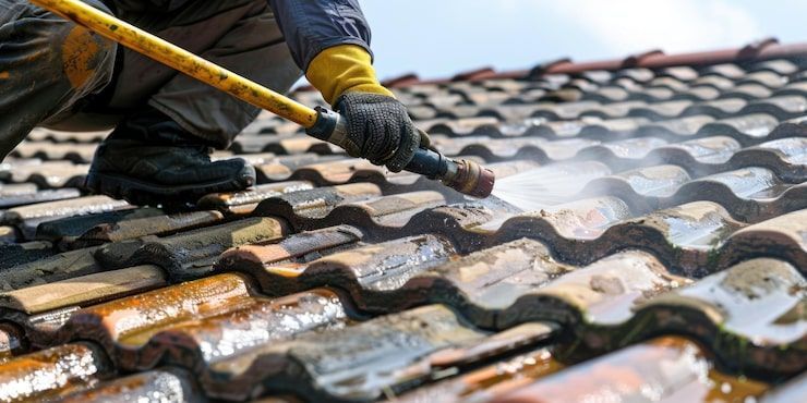 Person pressure washing a tiled roof.
