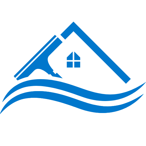 Blue logo of a house with a window, squeegee, and water wave, for cleaning services.