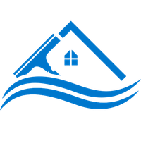 Blue logo: a house roof with a squeegee, window, and water waves.