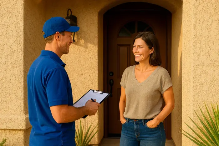 Technician and homeowner standing close together in the shaded front doorway during a pressure-washing estimate in Yuma, AZ.
