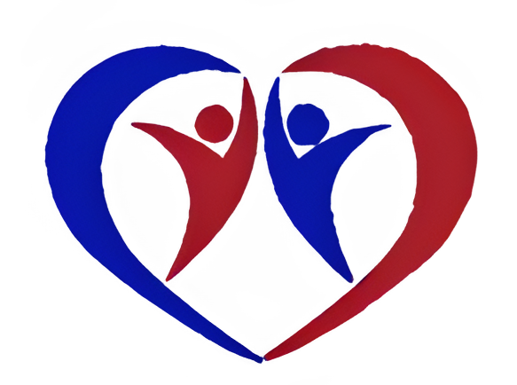 A blue and red heart with two people inside of it