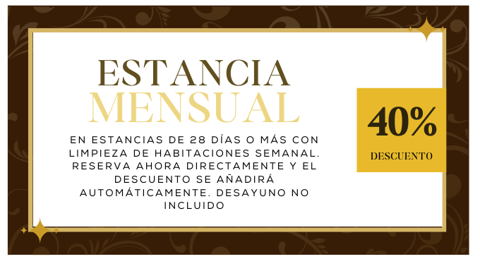 Oferta de estadía mensual con descuento: 40% de descuento en estadías de 28 días o más con limpieza de habitación semanal.