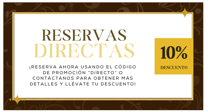 Banner promocional: “Reservas Directas” con 10% de descuento utilizando el código “DIRECTO”.