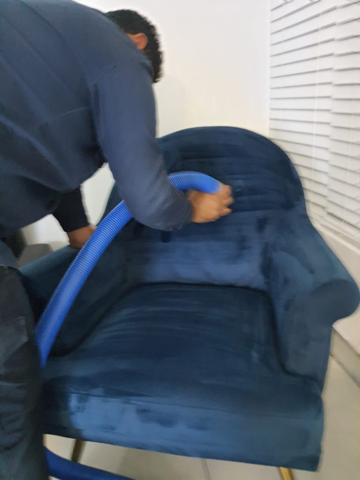 Persona aspirando un sillón azul oscuro con una manguera azul, en el interior, cerca de una ventana.