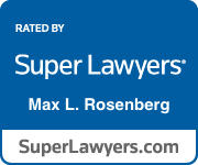 Super Lawyers badge on blue background for Max L. Rosenberg, with SuperLawyers.com at bottom