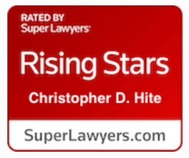 Red and white SuperLawyers Rising Stars badge for Christopher D. Hite