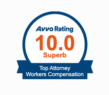 ADVO Rating badge reading “10.0 Superb” for Top Attorney Workers Compensation in blue and orange