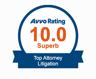 Avvo Rating badge: 10.0 Superb, Top Attorney Litigation, blue and orange emblem