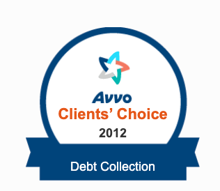 Avvo Clients’ Choice 2012 Debt Collection badge in blue and orange