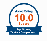 Avvo Rating 10.0 badge with “Superb” and “Top Attorney Workers Compensation” in blue and orange