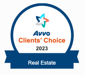 Avvo Clients’ Choice 2023 award badge for Real Estate in blue and white