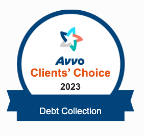 Avvo Clients’ Choice 2023 Debt Collection award badge with blue ribbon and logo