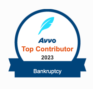 Avvo Top Contributor 2023 Bankruptcy badge with blue circle and ribbon