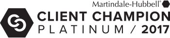 Martindale-Hubbell Client Champion Platinum 2017 badge with black and gold logo