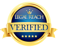 Gold and blue “LEGAL REACH VERIFIED” seal badge with stars and ribbon across the center