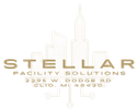 Gold logo for Stellar Facility Solutions with a skyline icon and address in Clio, MI, on a light background.