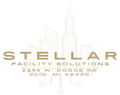 Gold logo for Stellar Facility Solutions with a skyline icon and address in Clio, MI, on a light background.