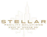 Gold logo for Stellar Facility Solutions with a skyline icon and address in Clio, MI, on a light background.