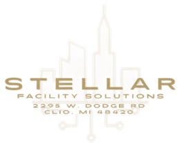 Gold logo for Stellar Facility Solutions with a skyline icon and address in Clio, MI, on a light background.