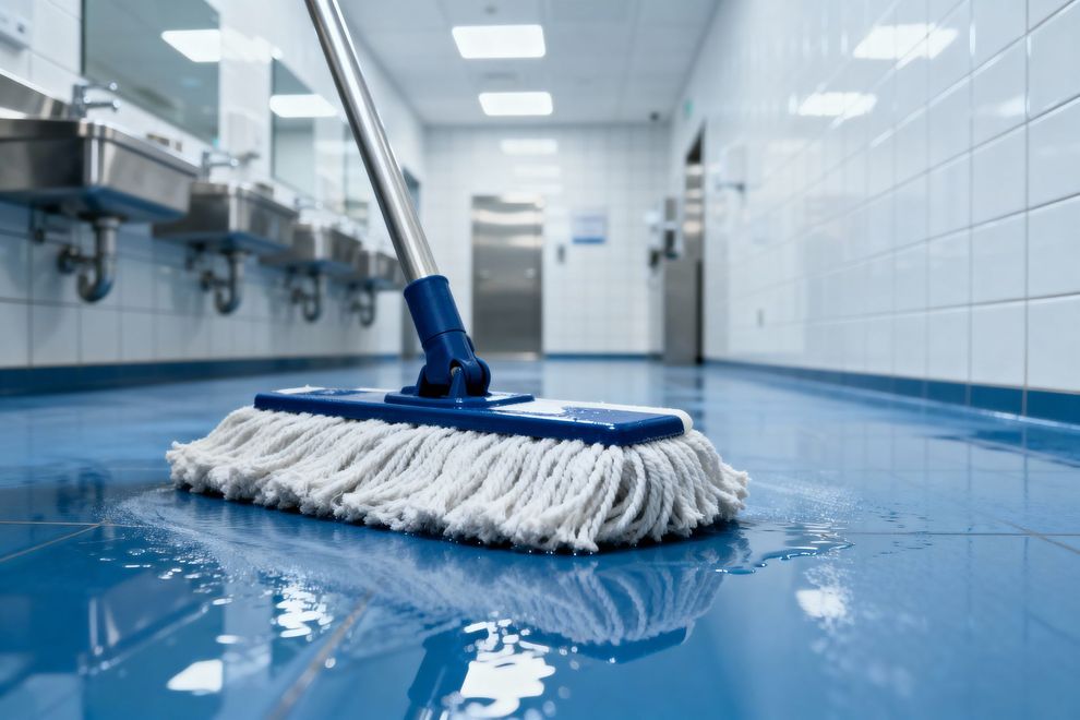 A mop cleaning a wet, glossy blue floor in a brightly lit, tiled commercial restroom.
