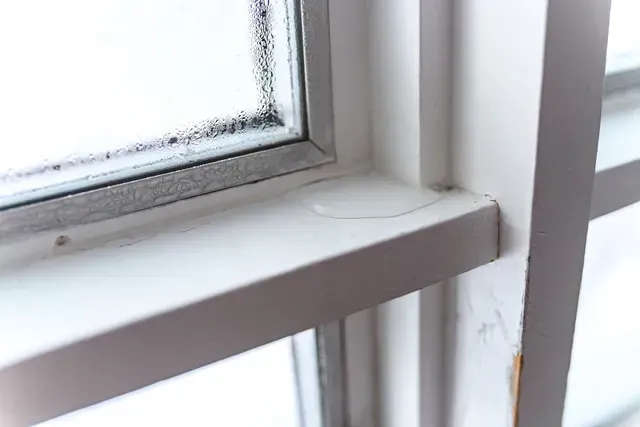 Un gros plan d'une fenêtre avec de la condensation sur la vitre.