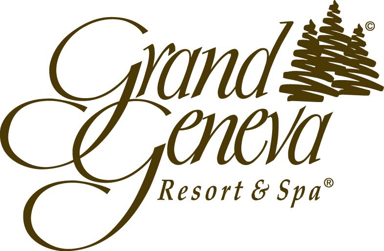 A logo for grand geneva resort and spa with trees in the background