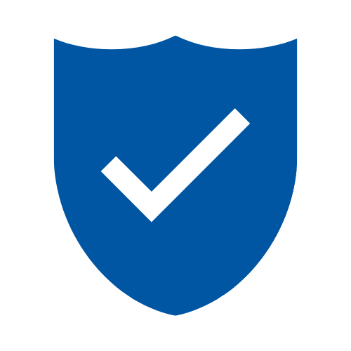 Blue shield with white checkmark.