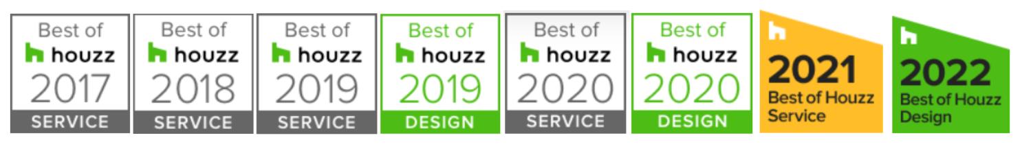 A row of signs that say best of houzz 2017 2018 2019 2020 2021 2022