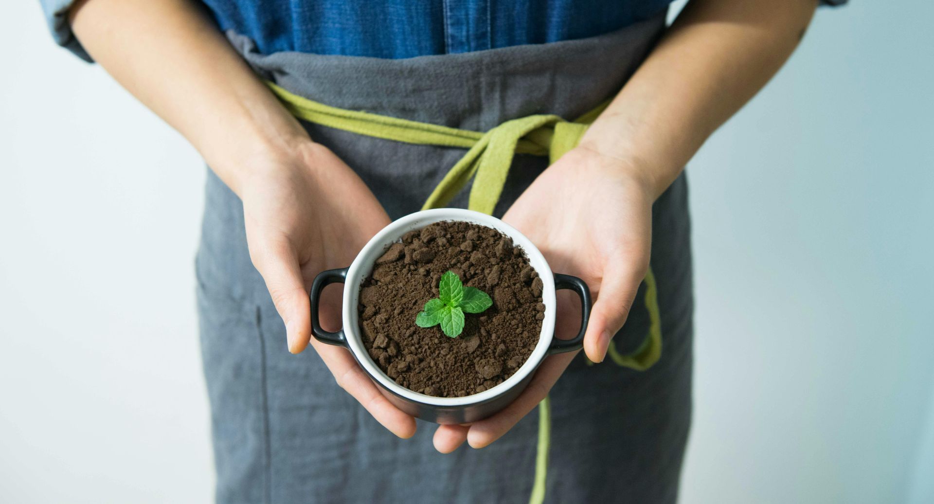 A person is holding a bowl of dirt with a plant in it.