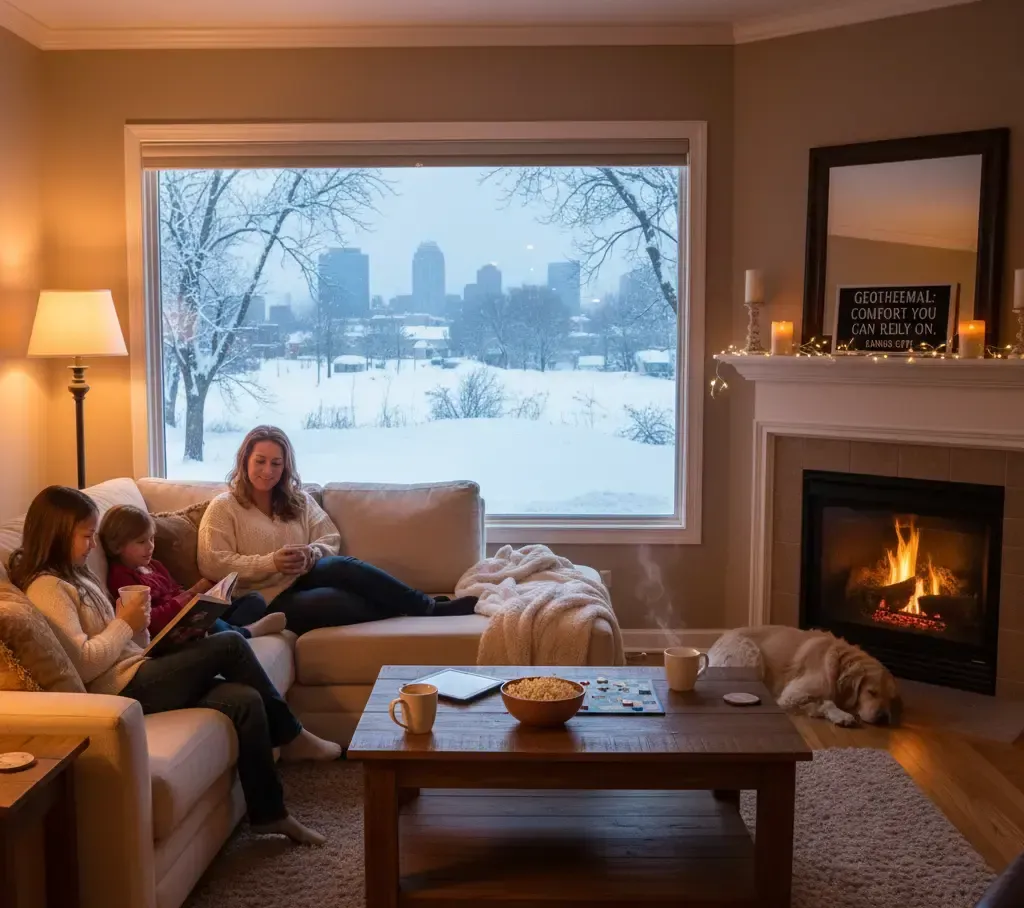 Diagram of a house with underground pipes for a geothermal heating system. Red and blue loops in the ground.