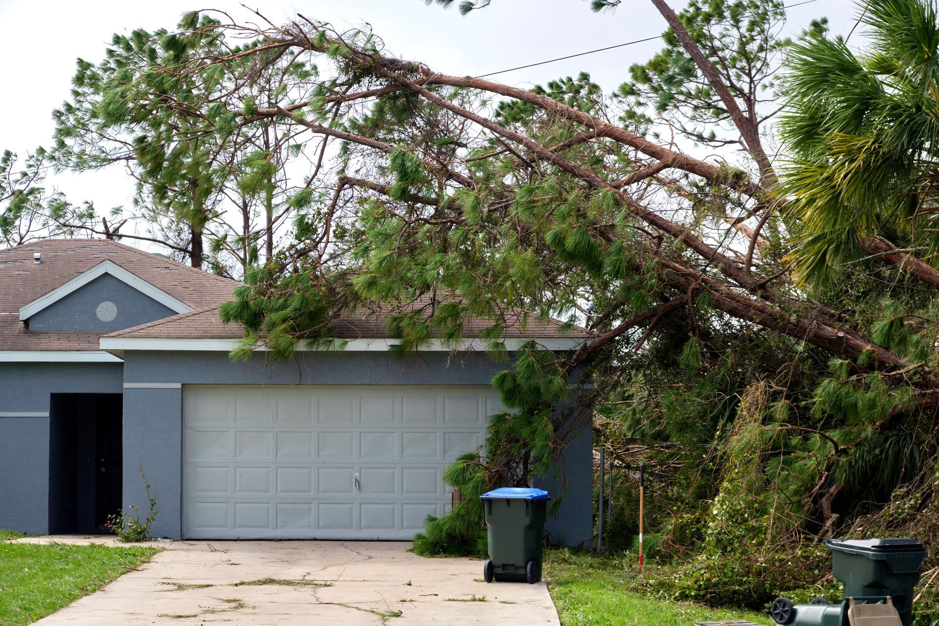 Broken tree fallen over a suburban house roof and garage driveway after storm damage