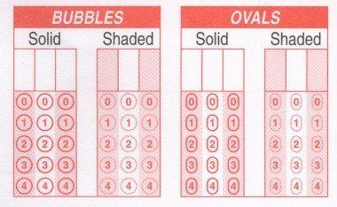 In designing an OMR form or answer sheet, we can use an array of bubbles, ovals, rectanges, squares or other shapes to be filled in by those taking the tests.